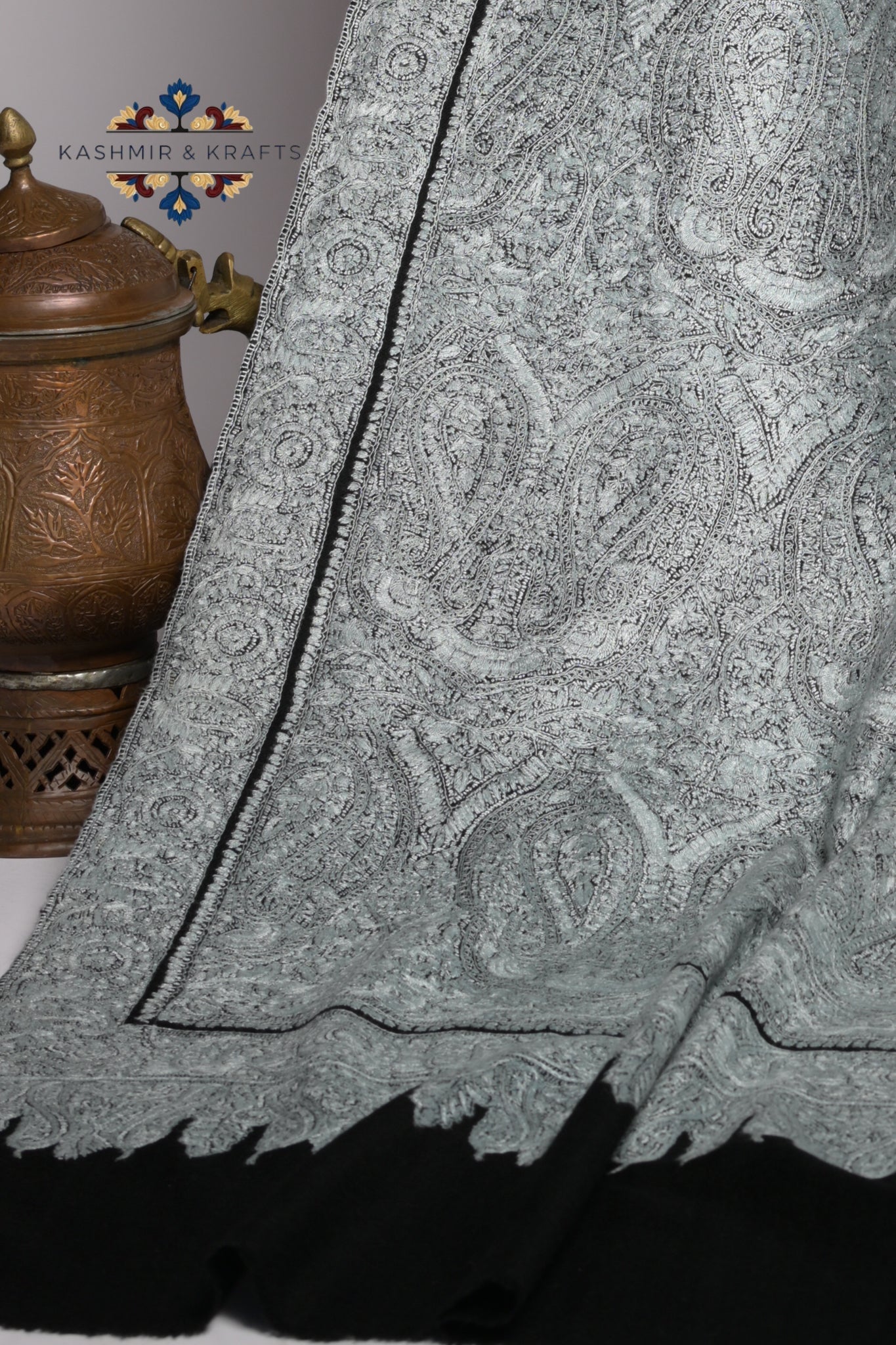 Noor-e-Seher – Hand-Embroidered Mist Grey Sozni Pashmina Shawl