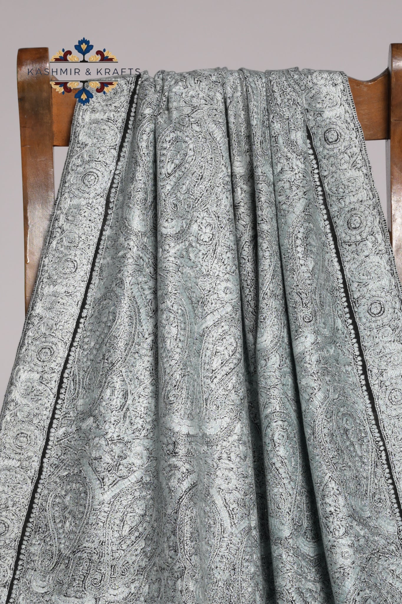 Noor-e-Seher – Hand-Embroidered Mist Grey Sozni Pashmina Shawl