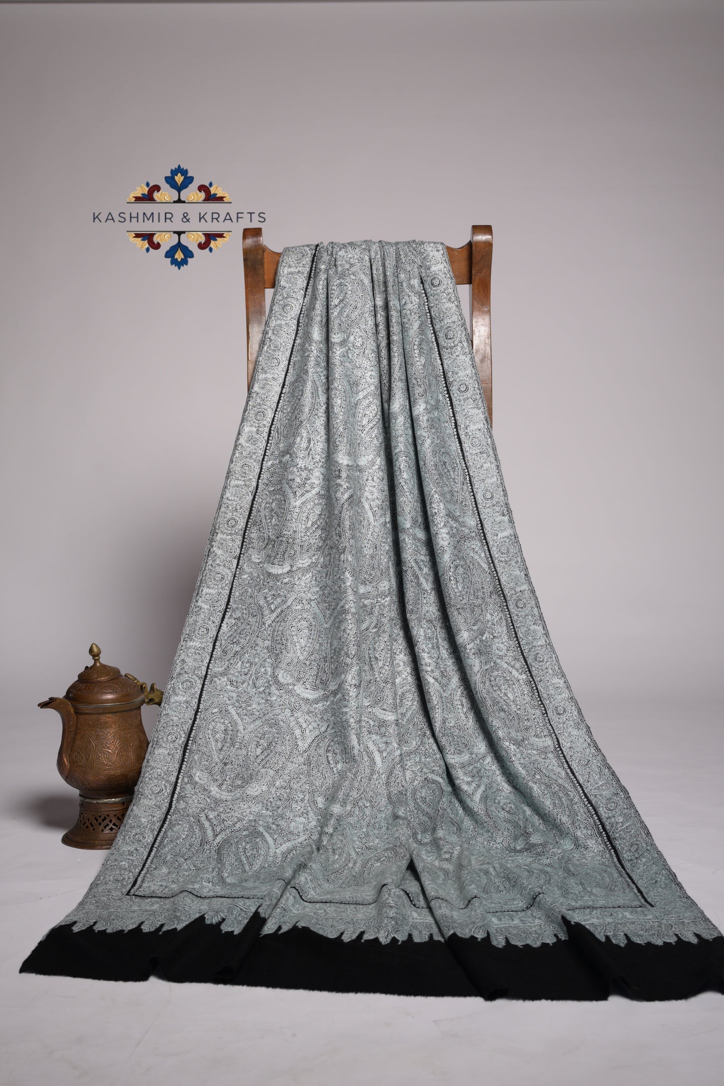 Noor-e-Seher – Hand-Embroidered Mist Grey Sozni Pashmina Shawl