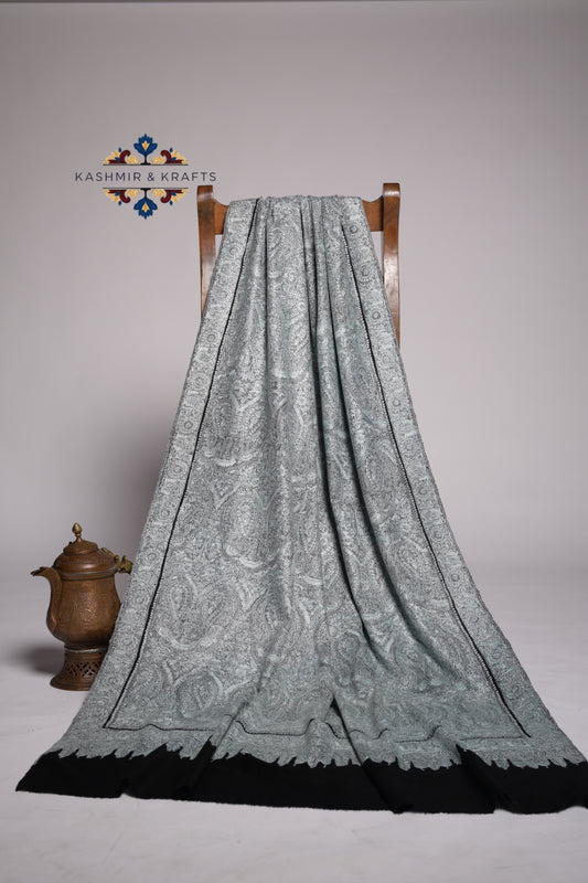 Noor-e-Seher – Hand-Embroidered Mist Grey Sozni Pashmina Shawl
