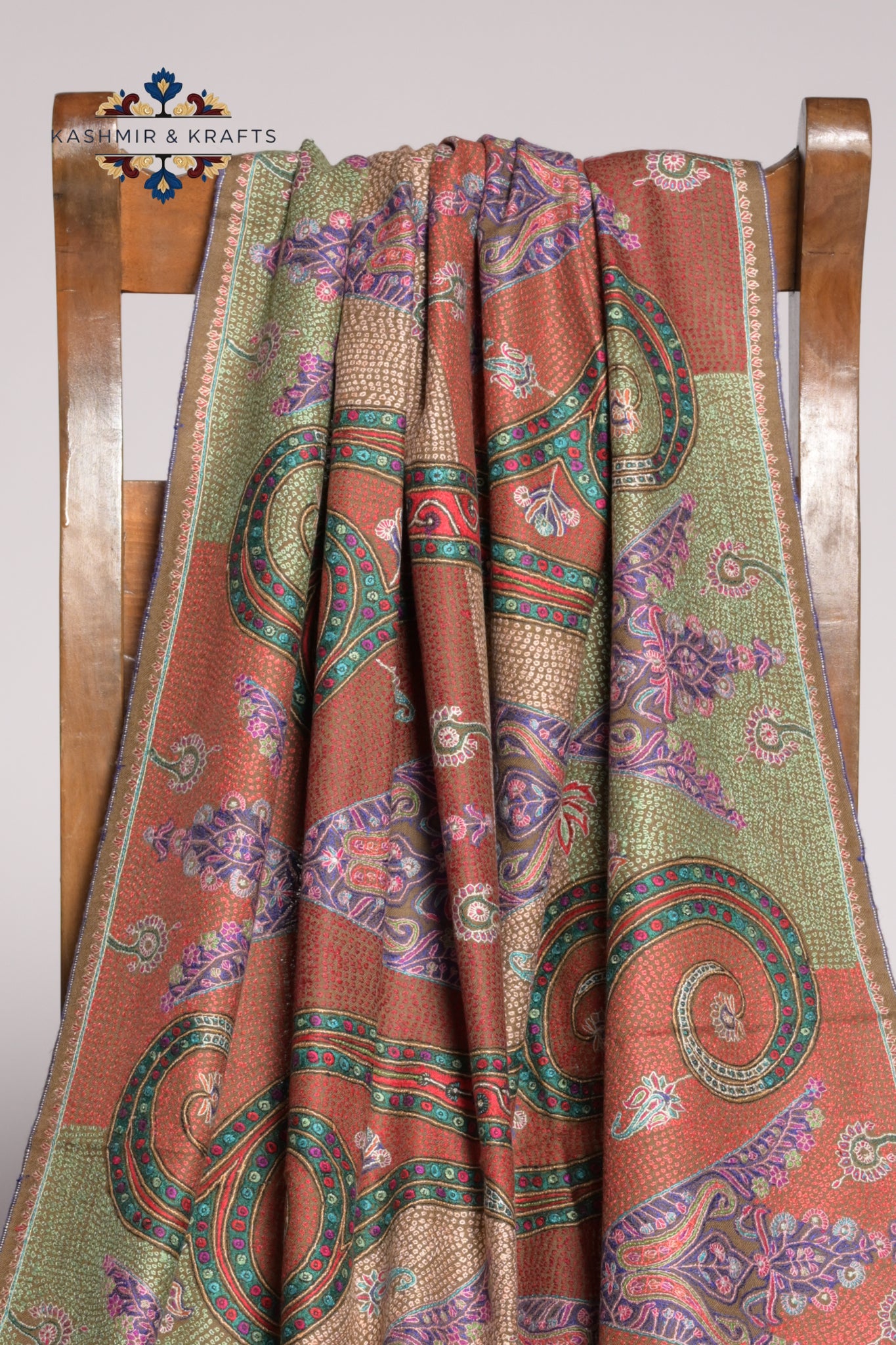 Zunaira – Hand-Embroidered Gulabkari & Sozni Pashmina Shawl in Toosha Brown with Jewel-Toned Motifs