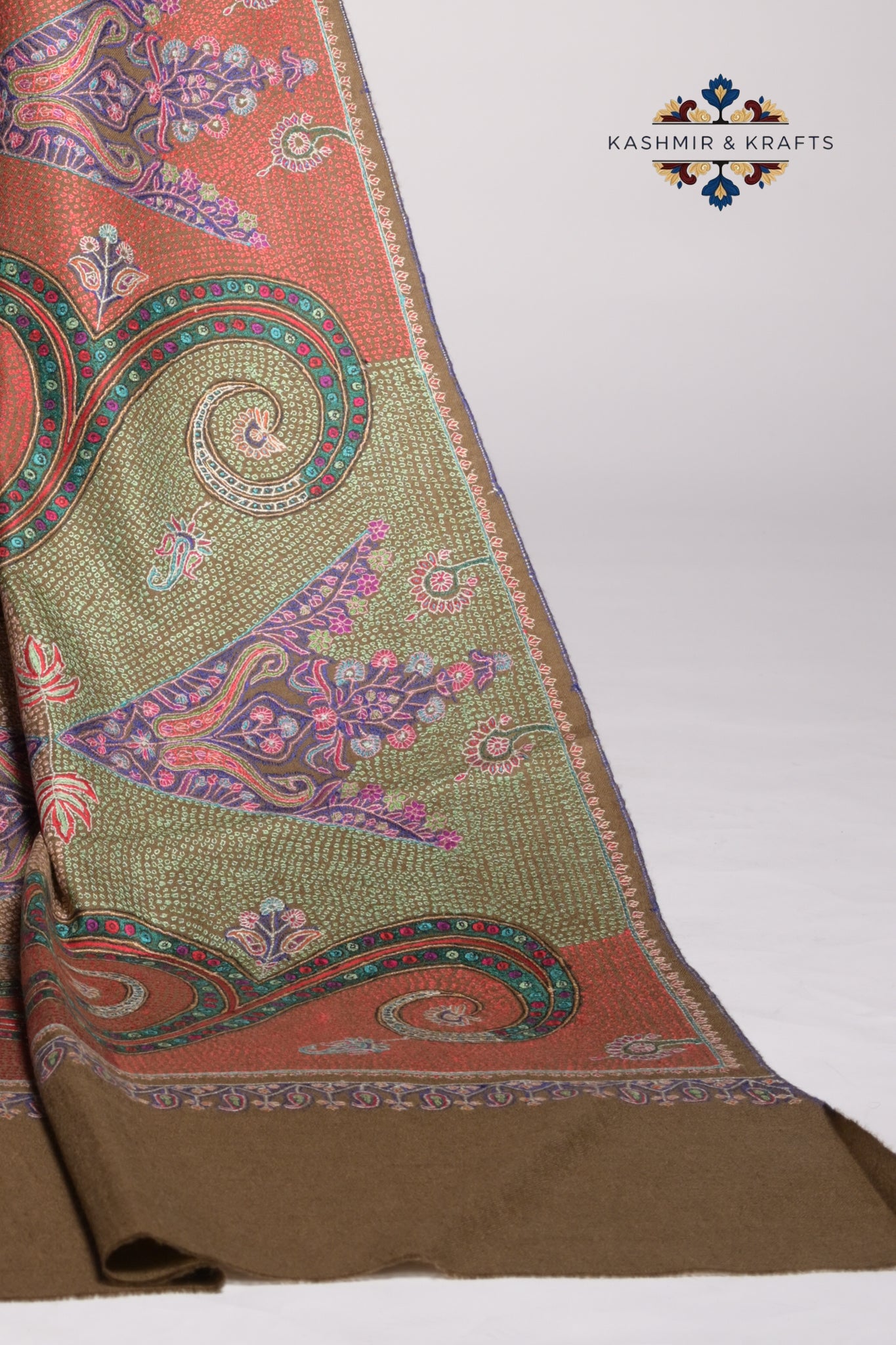 Zunaira – Hand-Embroidered Gulabkari & Sozni Pashmina Shawl in Toosha Brown with Jewel-Toned Motifs