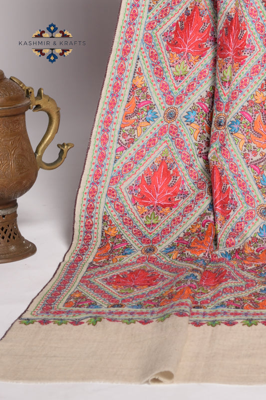 Gulbahar – Hand-Embroidered Sozni Pashmina Shawl in Crimson Chinar on Cream Beige