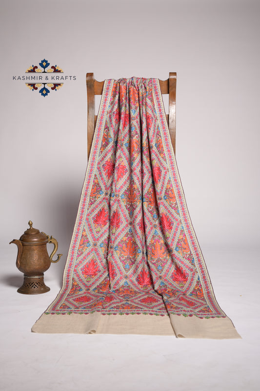 Gulbahar – Hand-Embroidered Sozni Pashmina Shawl in Crimson Chinar on Cream Beige
