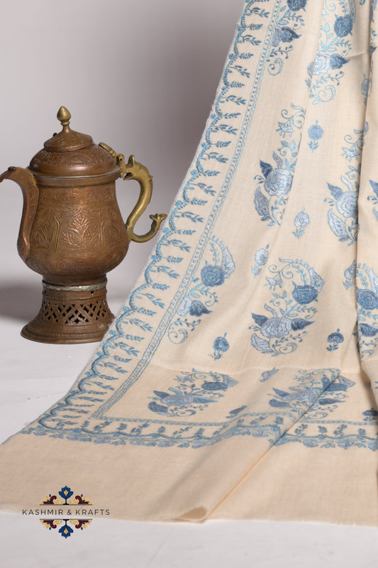 Gulnaar – Cream Kashmiri Pashmina with Sky-Blue Papier Mâché Embroidery