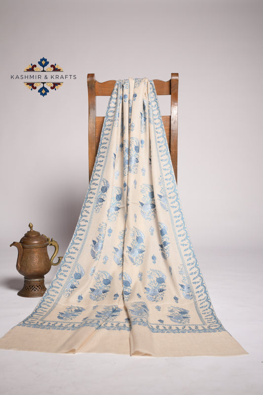 Gulnaar – Cream Kashmiri Pashmina with Sky-Blue Papier Mâché Embroidery