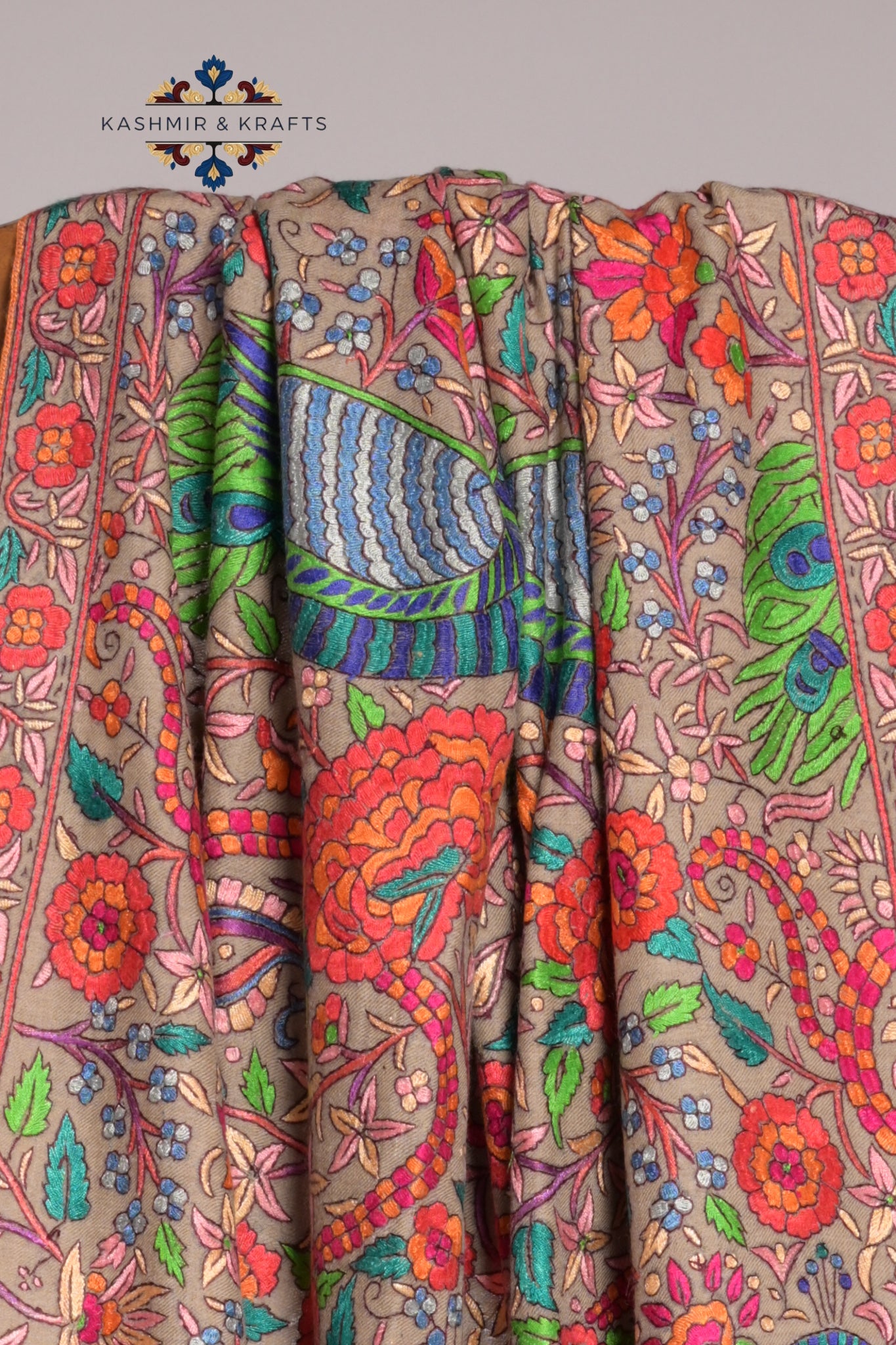 Neelaan – Handwoven Papier-Mâché & Sozni Pashmina in Peacock Tones on Natural Pashmina Beige