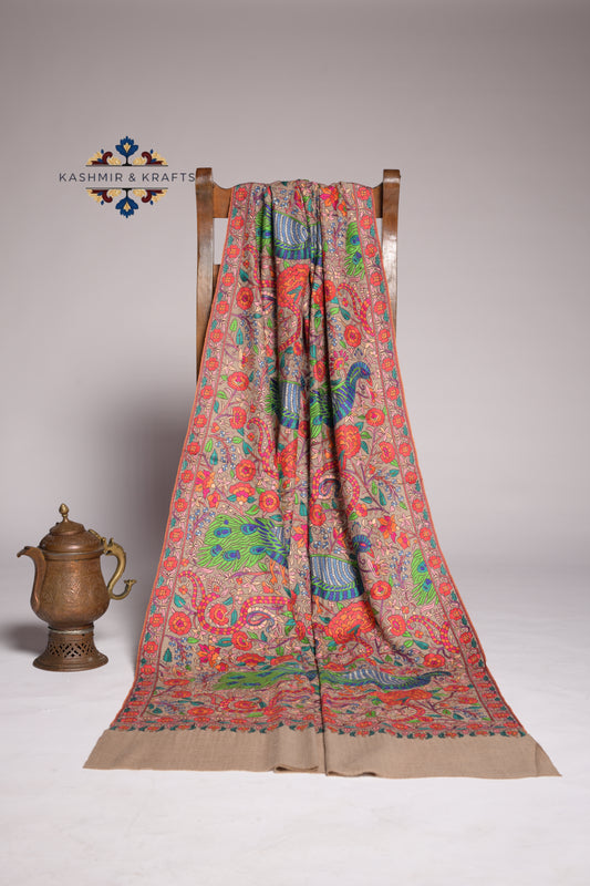 Neelaan – Handwoven Papier-Mâché & Sozni Pashmina in Peacock Tones on Natural Pashmina Beige