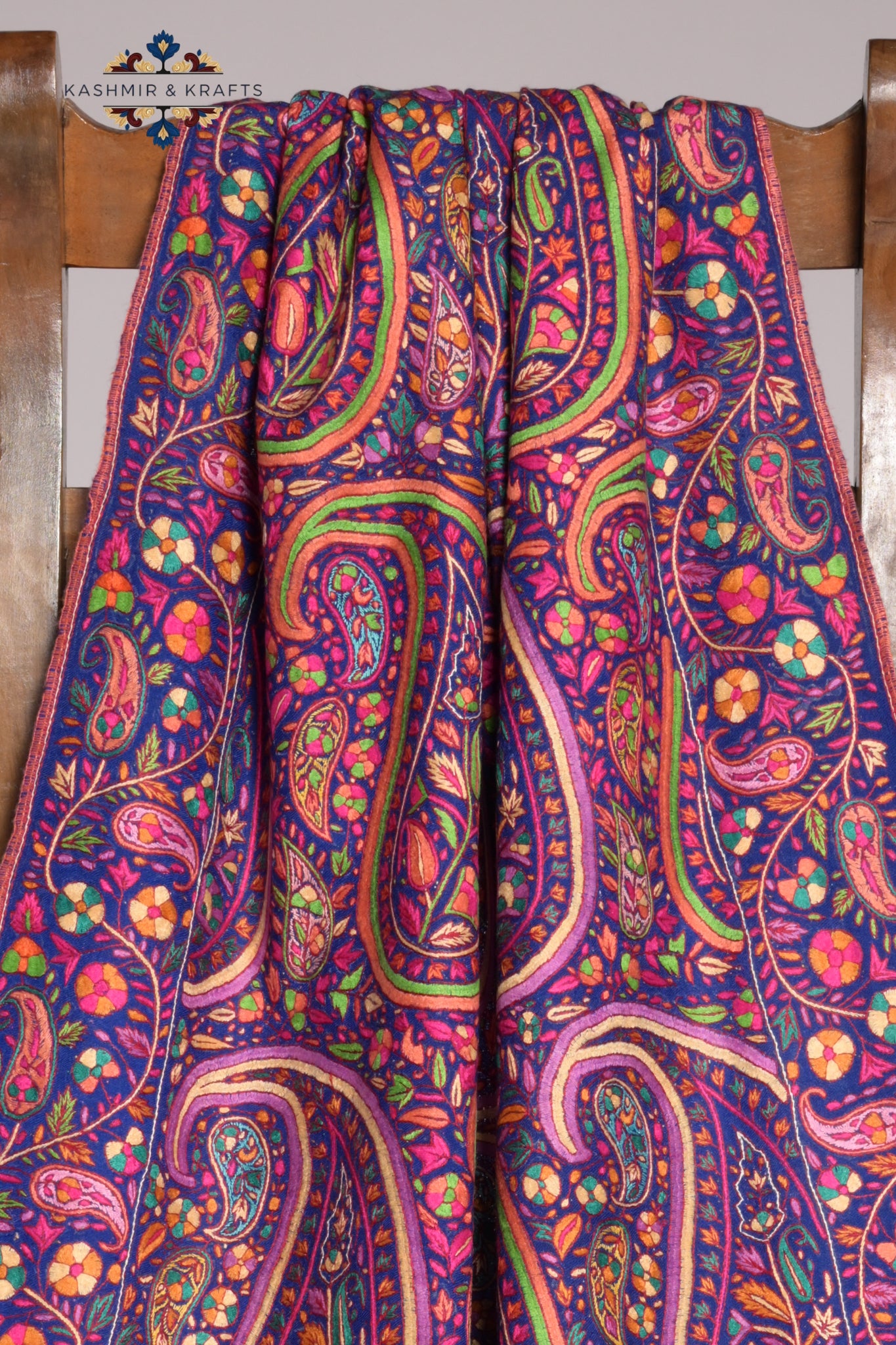 Rang-e-Pari — Handwoven Pashmina Papier-Mâché in Floral Magenta Paisley on Regal Deep Indigo Blue