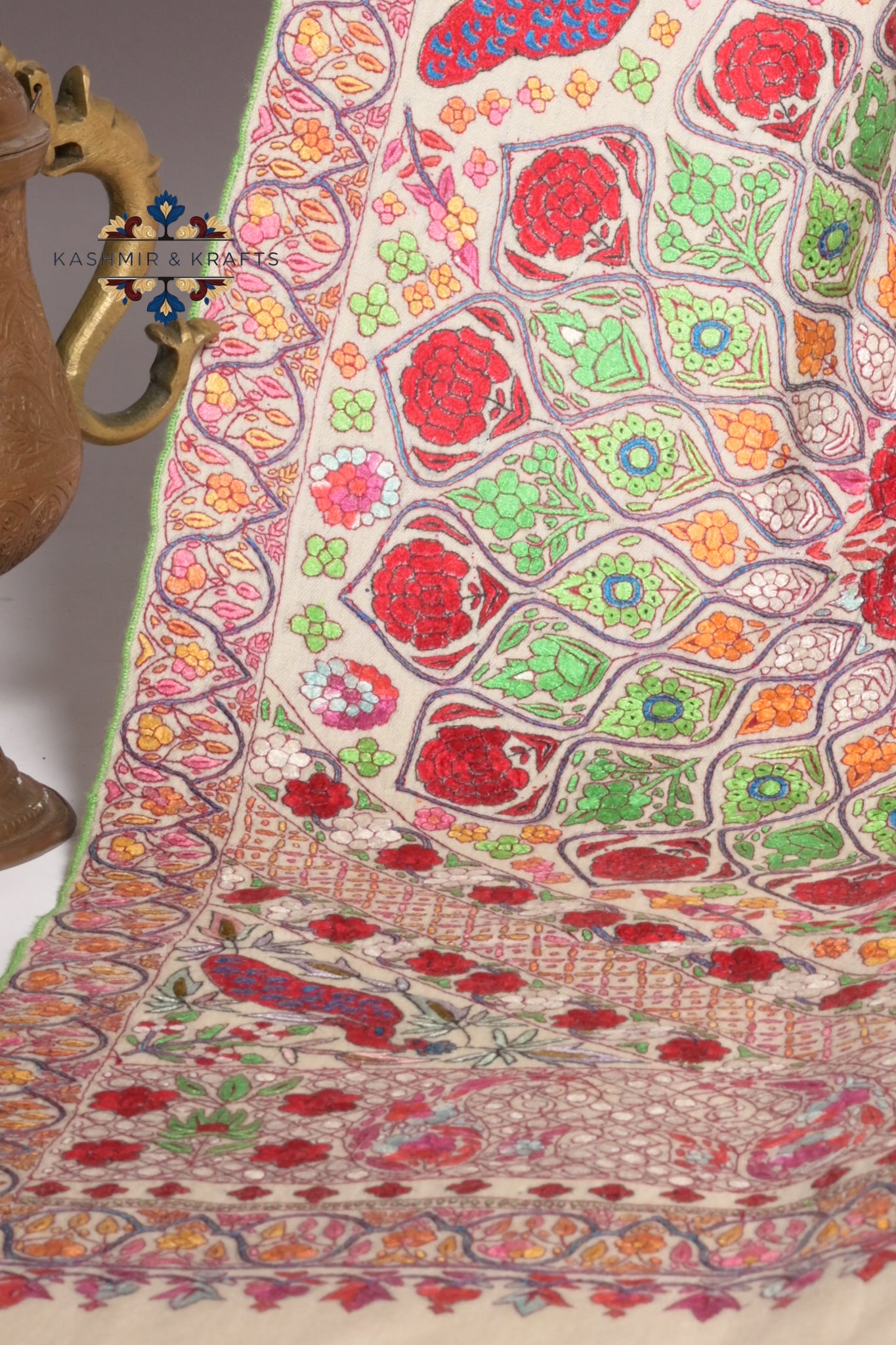 Naqsh-e-Bahaar – Handwoven Papier-Mâché & Sozni Pashmina in a Garden Mosaic on Cream