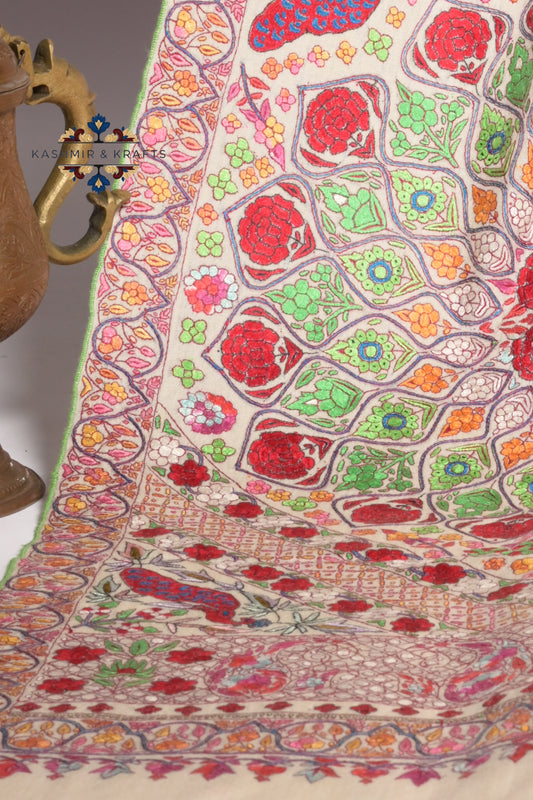 Naqsh-e-Bahaar – Handwoven Papier-Mâché & Sozni Pashmina in a Garden Mosaic on Cream