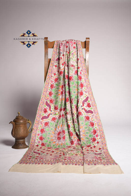 Naqsh-e-Bahaar – Handwoven Papier-Mâché & Sozni Pashmina in a Garden Mosaic on Cream