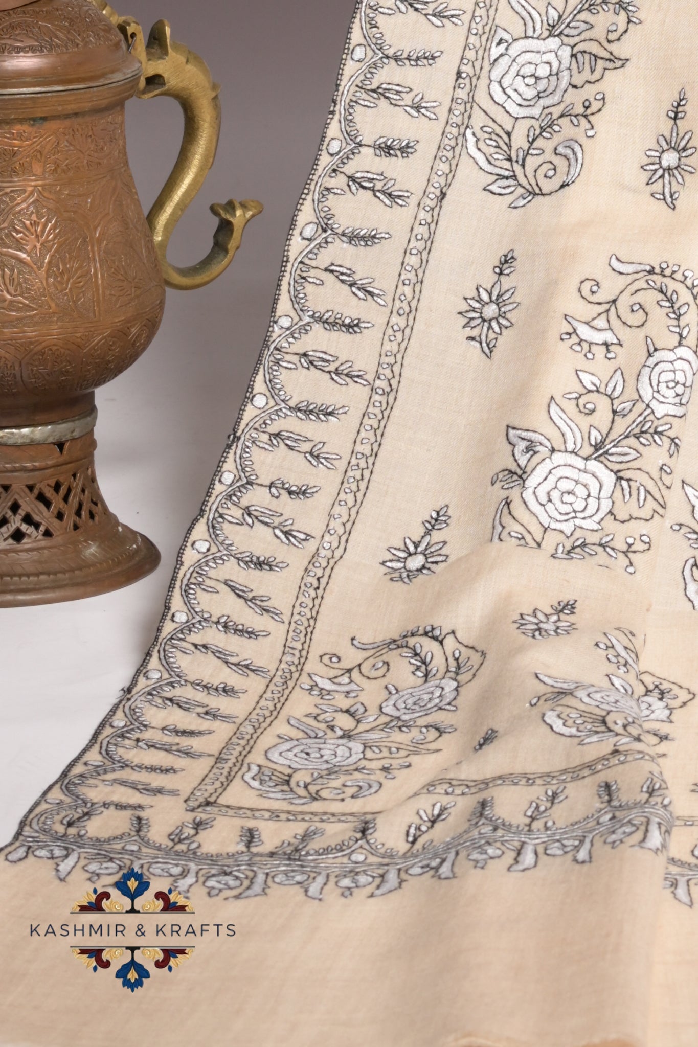 Rang-e-Khamoosh – Hand-Embroidered Sozni Pashmina Shawl in Cream Beige and Charcoal