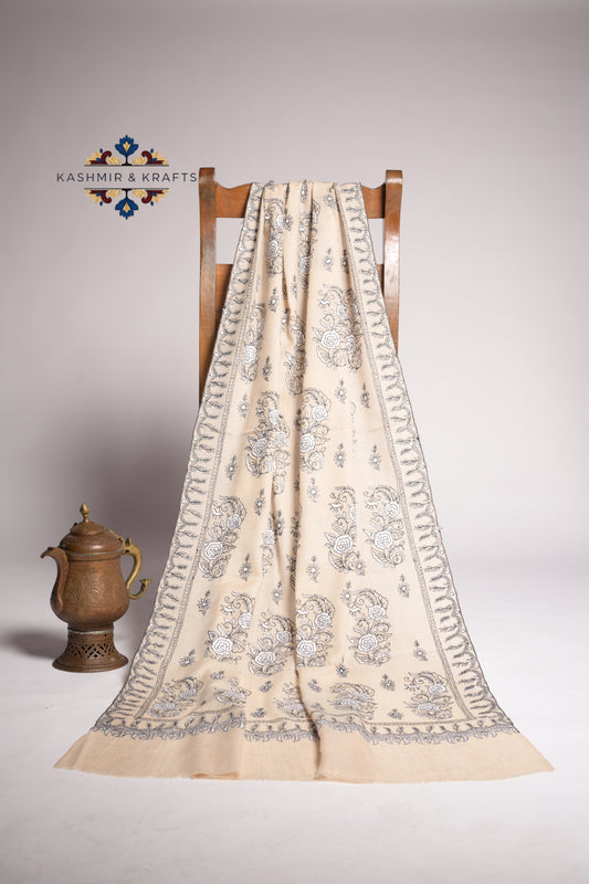 Rang-e-Khamoosh – Hand-Embroidered Sozni Pashmina Shawl in Cream Beige and Charcoal