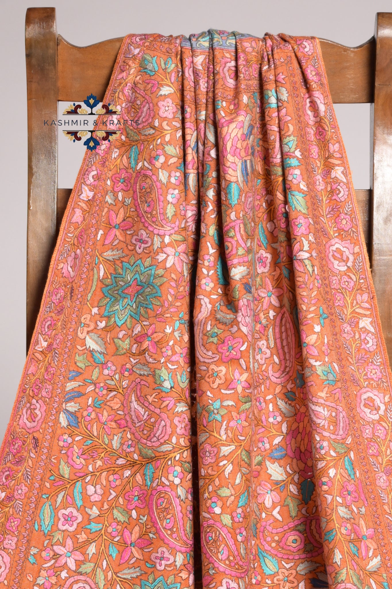 Noor-e-Gul – Dual-Tone Handwoven Sozni and Papier Mâché Pashmina Shawl in Saffron Flame & Slate Blue