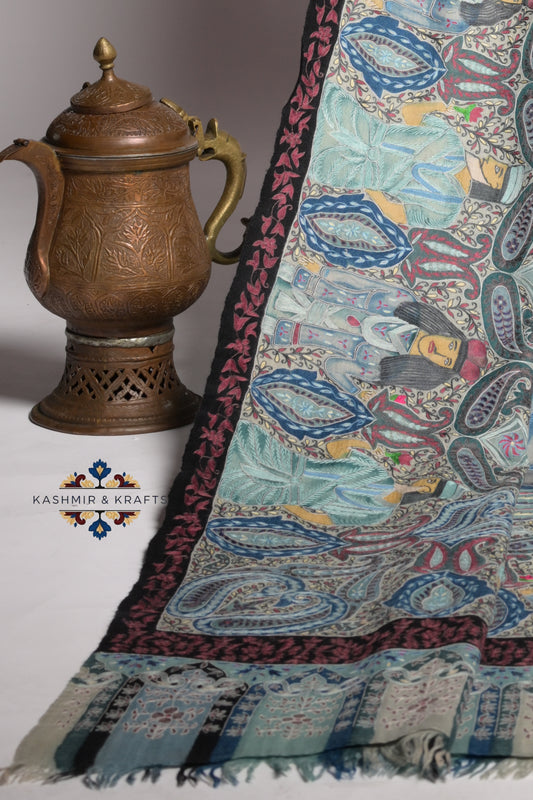 Baagh-e-Afsana — Hand-Painted Kalamkari Jama Shawl in Celestial Teal Mist