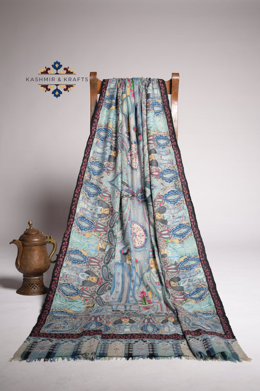 Baagh-e-Afsana — Hand-Painted Kalamkari Jama Shawl in Celestial Teal Mist