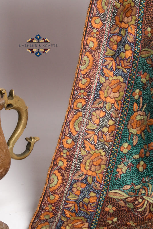 Bagh-e-Naqsh – Hand-Embroidered Sozni & Gulabkari Pashmina Shawl - Multicoloured motifs with Black Borders