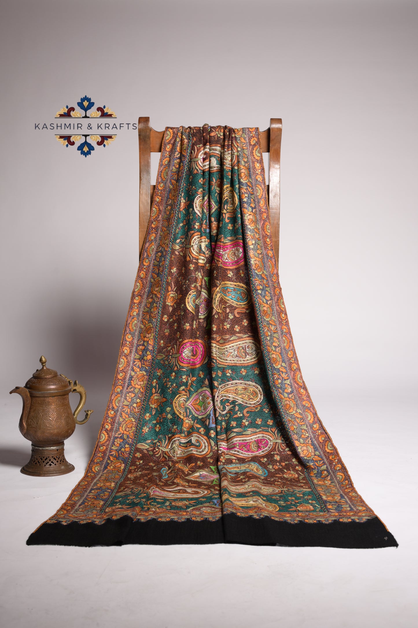 Bagh-e-Naqsh – Hand-Embroidered Sozni & Gulabkari Pashmina Shawl - Multicoloured motifs with Black Borders