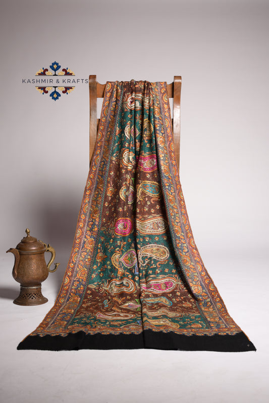 Bagh-e-Naqsh – Hand-Embroidered Sozni & Gulabkari Pashmina Shawl - Multicoloured motifs with Black Borders