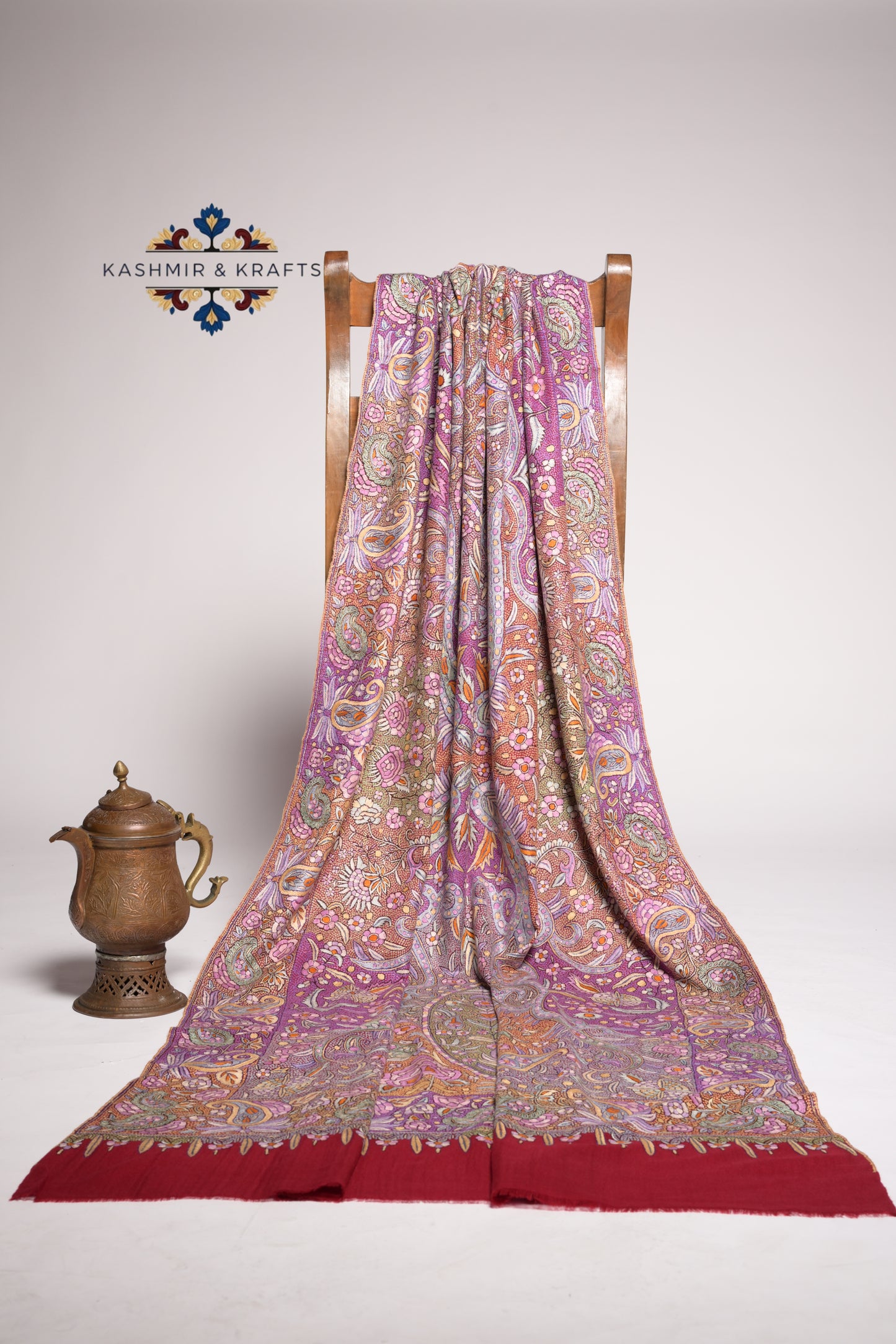 Taj-e-Gulraaz – Handwoven Sozni & Papier-Mâché Pashmina in Gulabkari Jama on Royal Plum