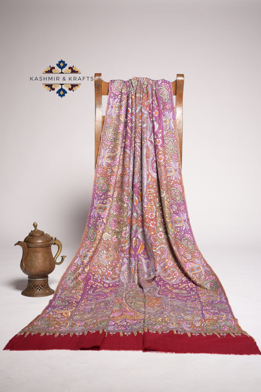 Taj-e-Gulraaz – Handwoven Sozni & Papier-Mâché Pashmina in Gulabkari Jama on Royal Plum