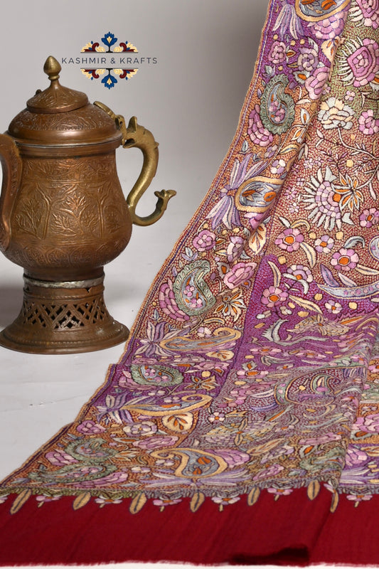 Taj-e-Gulraaz – Handwoven Sozni & Papier-Mâché Pashmina in Gulabkari Jama on Royal Plum