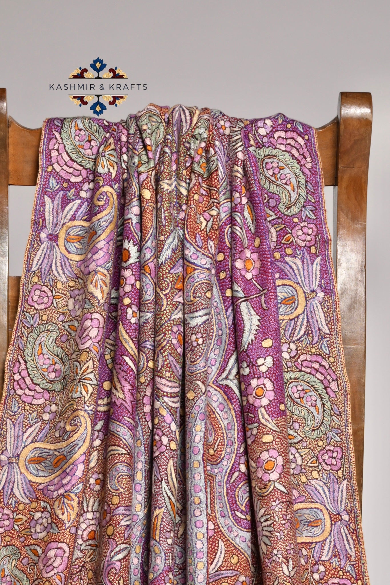 Taj-e-Gulraaz – Handwoven Sozni & Papier-Mâché Pashmina in Gulabkari Jama on Royal Plum