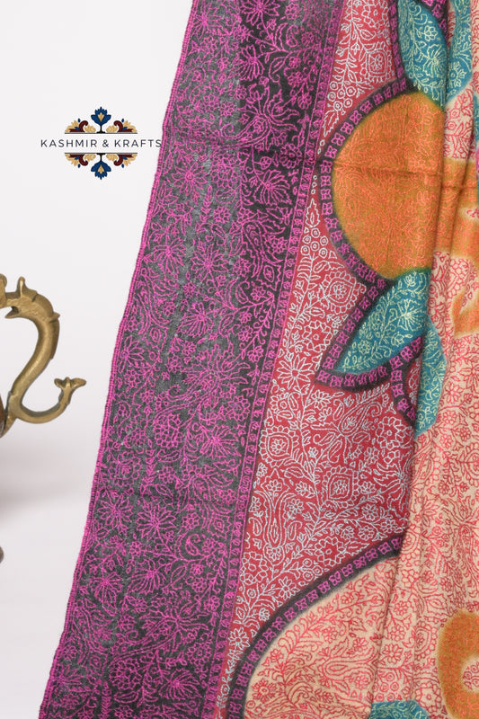 Gulrukh – Kalamkari Belgium Toosh Sozni Jama in Sunset Rose & Plum Noir