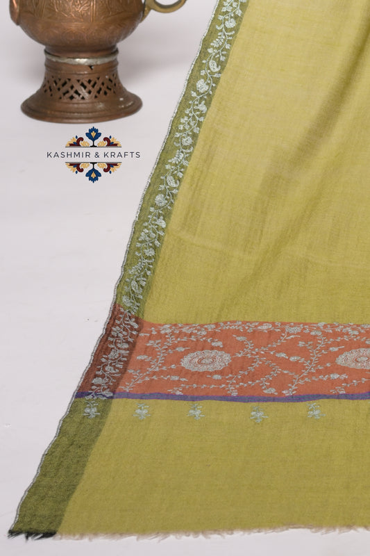 Rang-e-Pista – Handwoven Sozni Pashmina in Pistachio Green with Rust Palla & Floral Border Embroidery