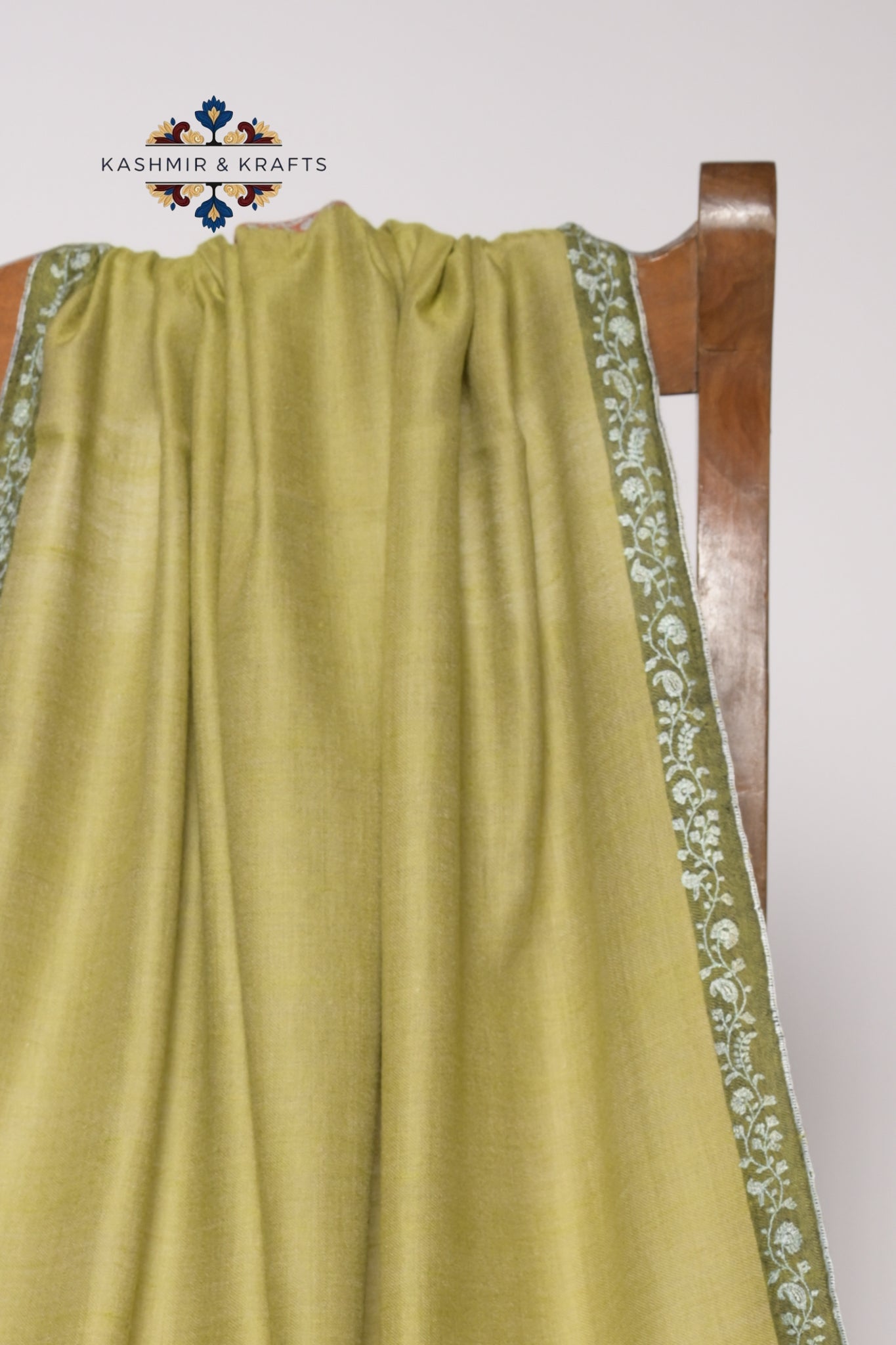 Rang-e-Pista – Handwoven Sozni Pashmina in Pistachio Green with Rust Palla & Floral Border Embroidery