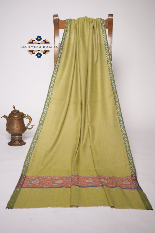 Rang-e-Pista – Handwoven Sozni Pashmina in Pistachio Green with Rust Palla & Floral Border Embroidery