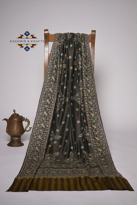 Shaamkaar – Handwoven Sozni Pashmina in Black with All-Over Floral Embroidery & Striped Palla
