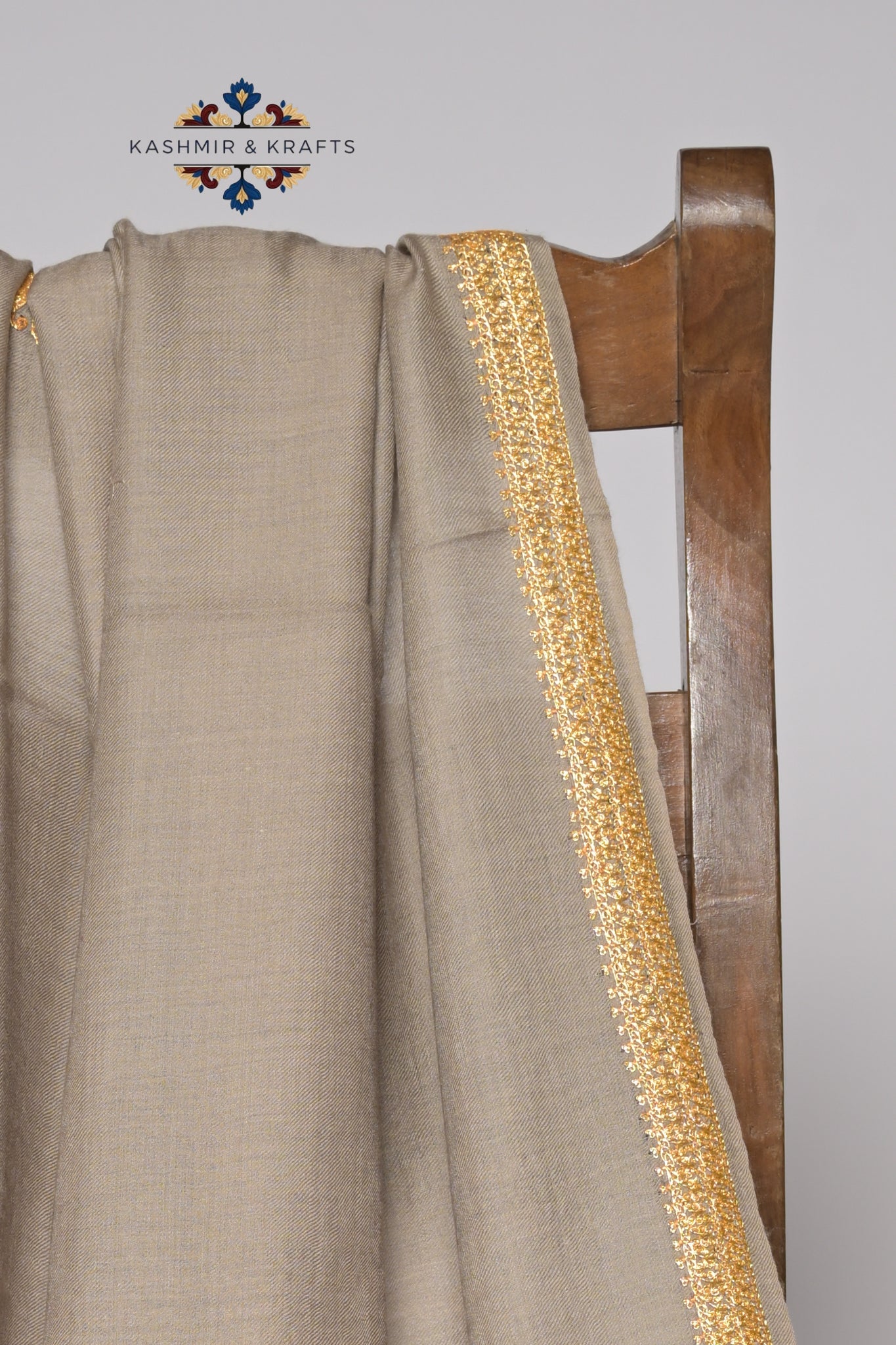 Noor-e-Zar – Hand Embroidered Tilla Border Mixed Pashmina Shawl in Warm Taupe