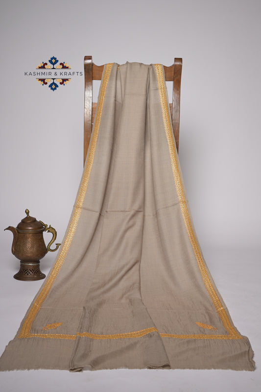 Noor-e-Zar – Hand Embroidered Tilla Border Mixed Pashmina Shawl in Warm Taupe