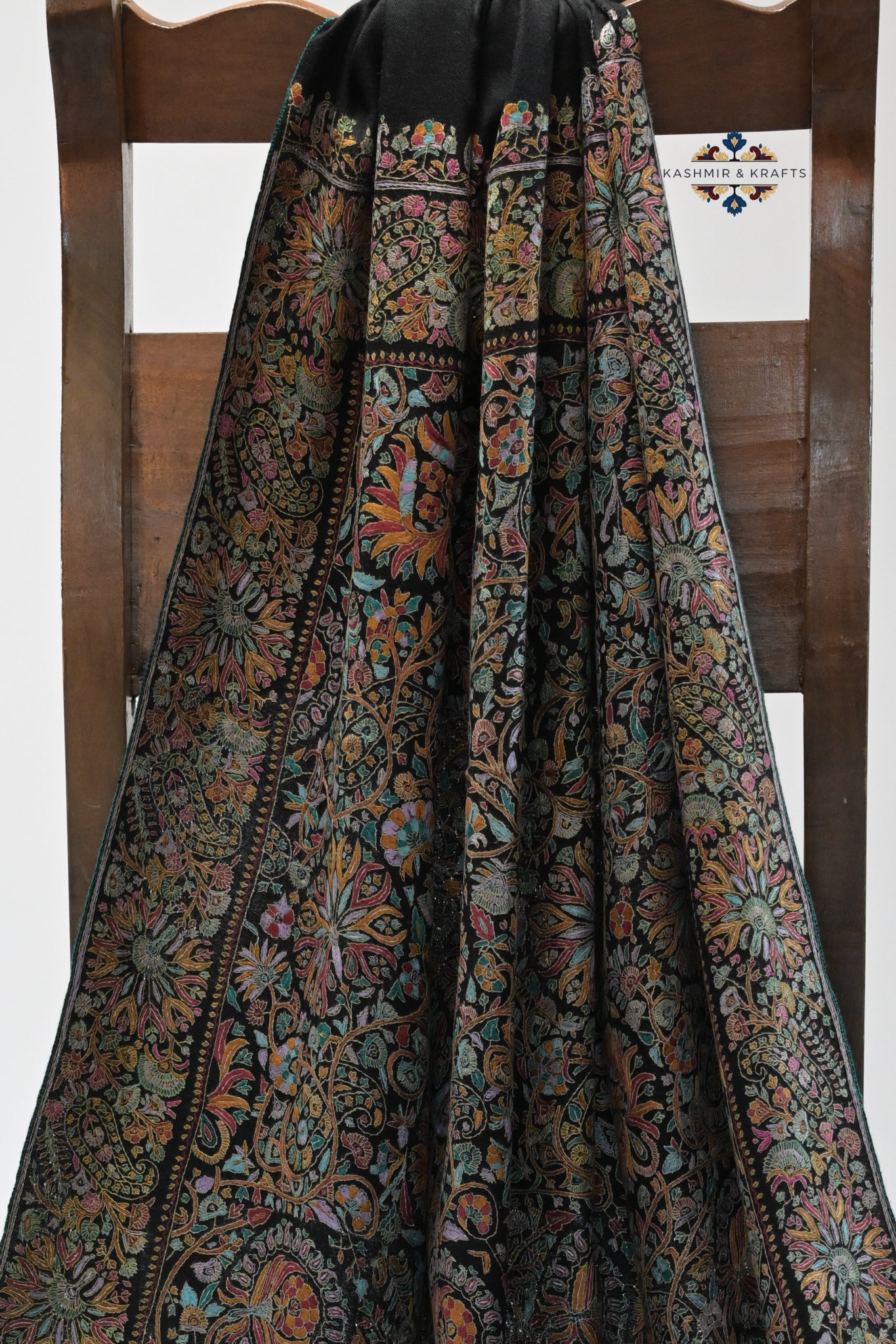 Siyah Guldaan — Handwoven Papier-Mâché & Sozni Shawl with Symmetrical Floral Embroidery