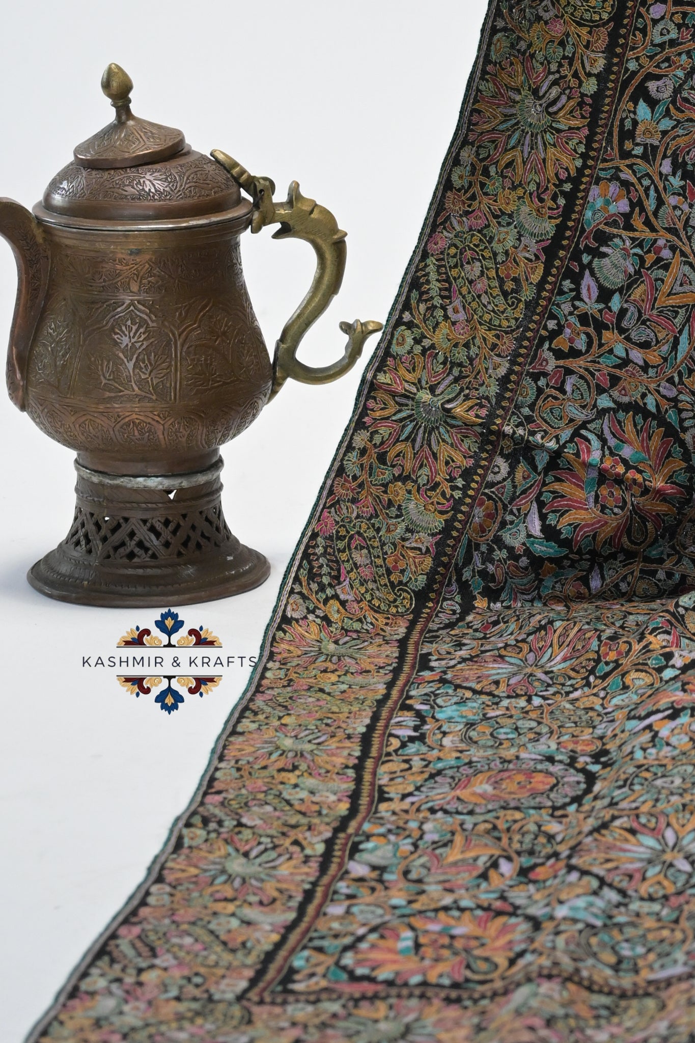Siyah Guldaan — Handwoven Papier-Mâché & Sozni Shawl with Symmetrical Floral Embroidery