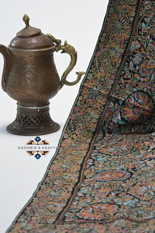 Siyah Guldaan — Handwoven Papier-Mâché & Sozni Shawl with Symmetrical Floral Embroidery