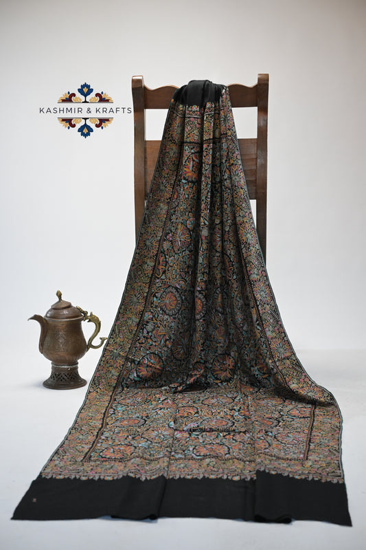 Siyah Guldaan — Handwoven Papier-Mâché & Sozni Shawl with Symmetrical Floral Embroidery