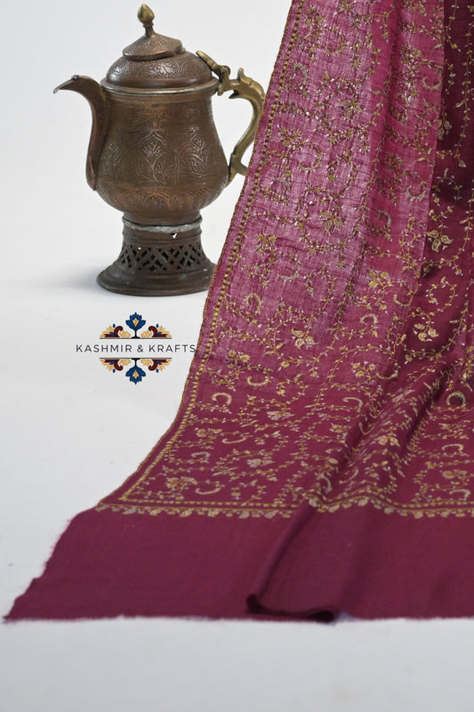 Gul-e-Surkh – Hand Embroidered Sozni Mixed Pashmina Shawl in Maroon