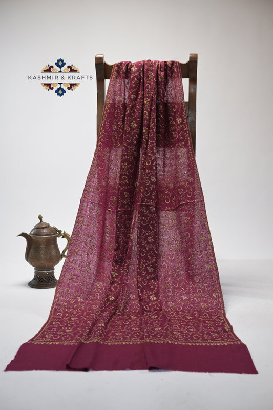 Gul-e-Surkh – Hand Embroidered Sozni Mixed Pashmina Shawl in Maroon