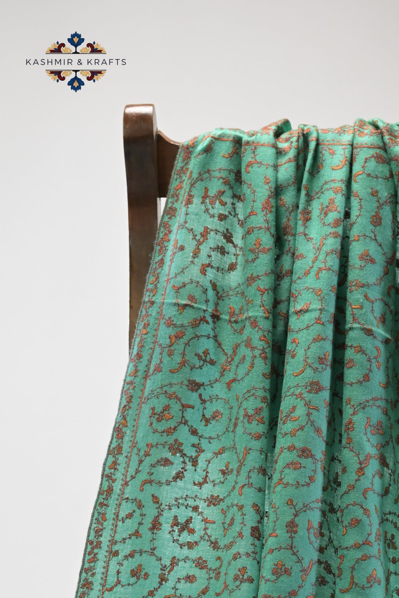 Ziva – Hand-Embroidered Sozni Pashmina Shawl in Aqua Green with Rust Vinework