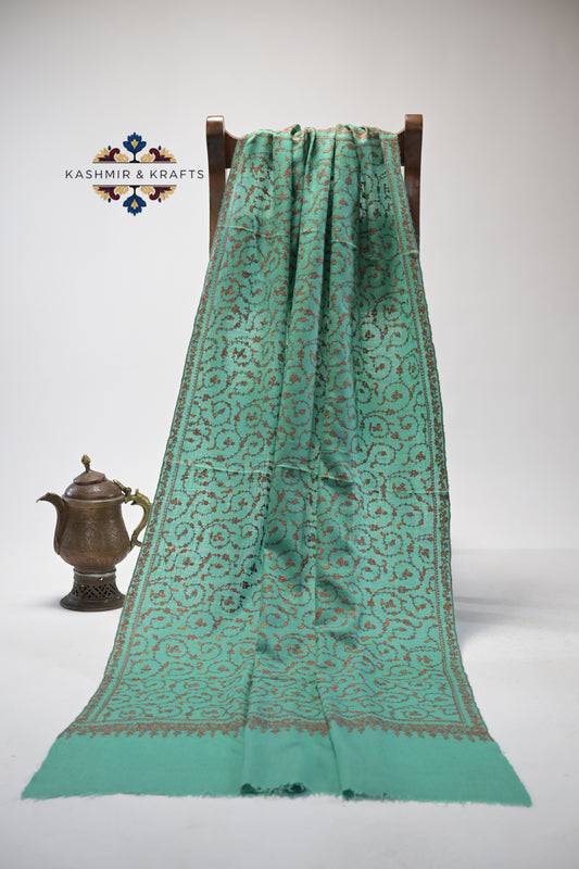 Ziva – Hand-Embroidered Sozni Pashmina Shawl in Aqua Green with Rust Vinework