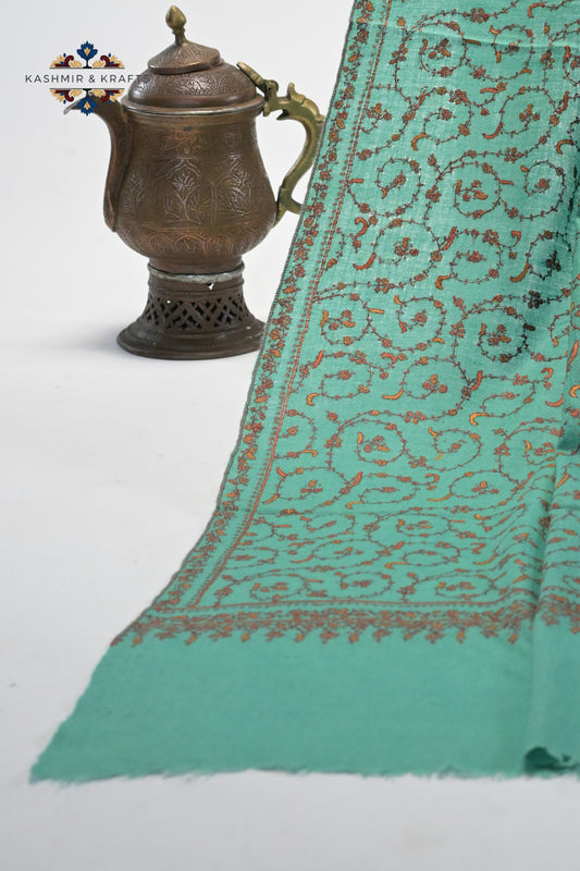 Ziva – Hand-Embroidered Sozni Pashmina Shawl in Aqua Green with Rust Vinework