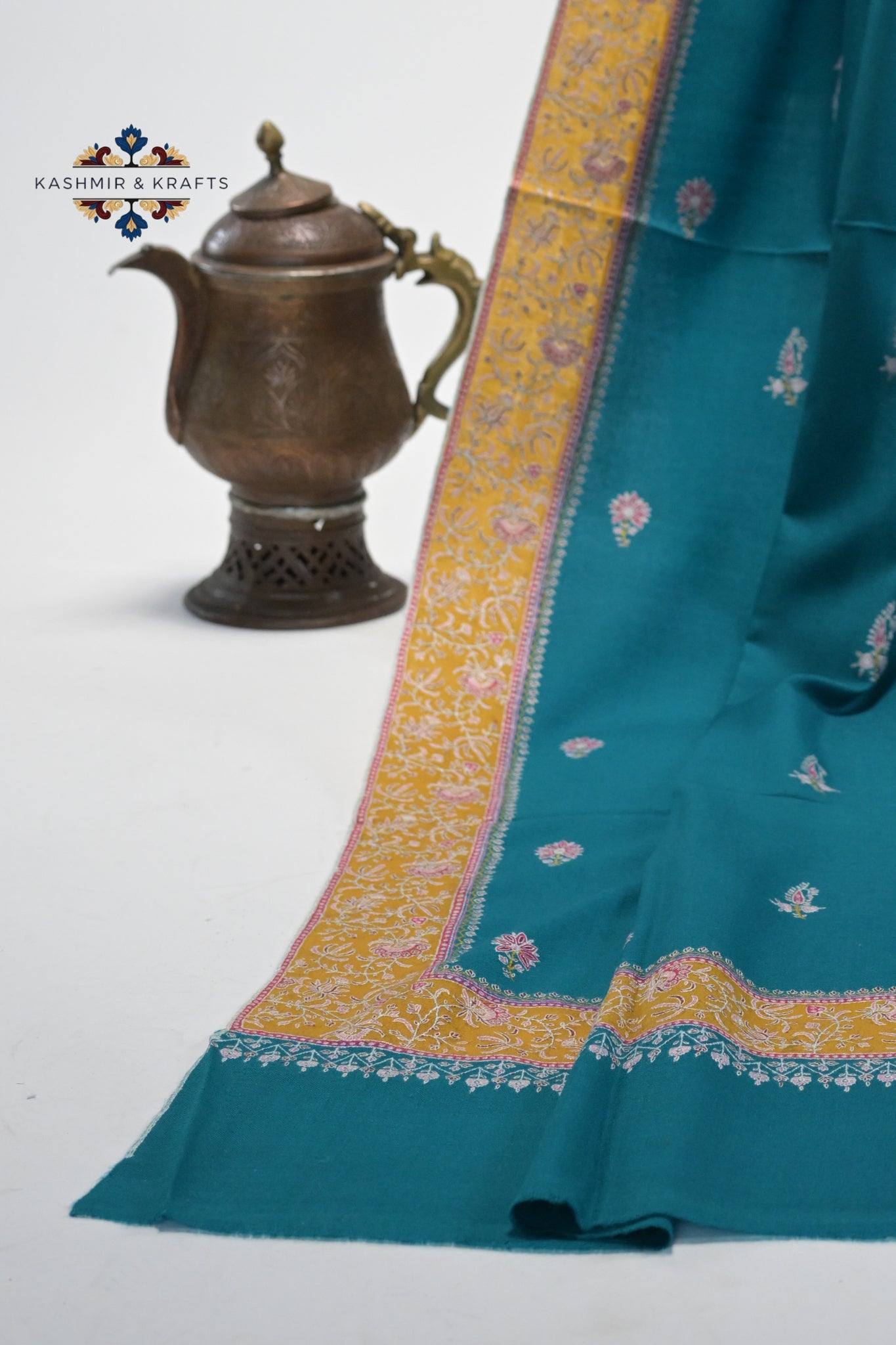 Aabroo – Hand-Embroidered Sozni Pashmina in Deep Teal and Marigold