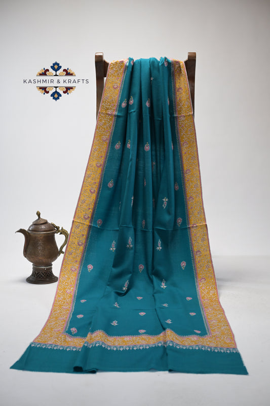 Aabroo – Hand-Embroidered Sozni Pashmina in Deep Teal and Marigold