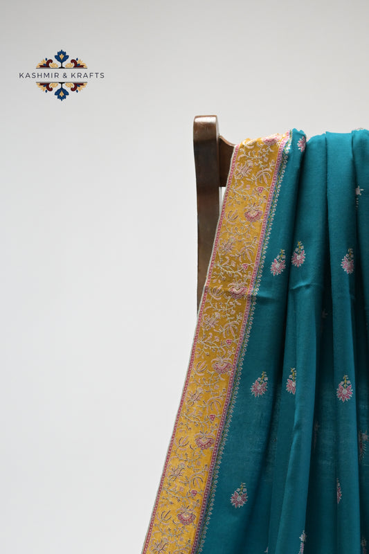 Aabroo – Hand-Embroidered Sozni Pashmina in Deep Teal and Marigold