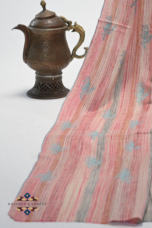 Roohi – Handwoven Fine Pashmina with Sky Blue Sozni on Rose Blush Stripes