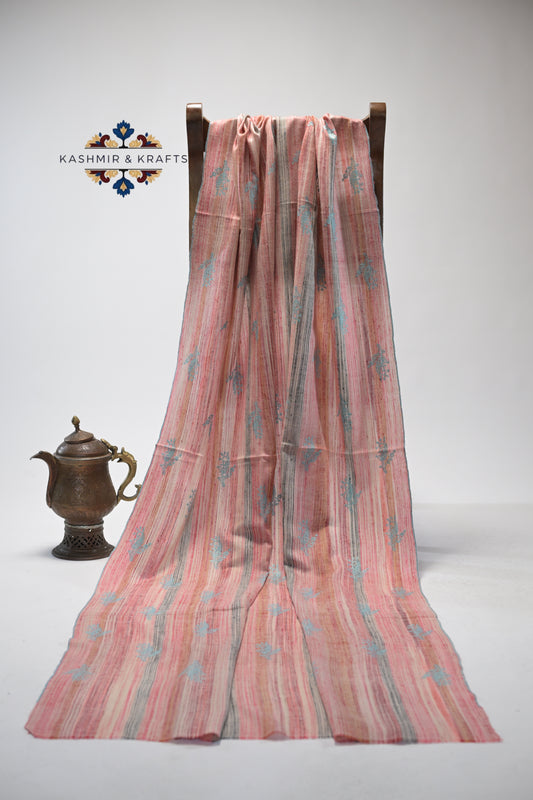 Roohi – Handwoven Fine Pashmina with Sky Blue Sozni on Rose Blush Stripes
