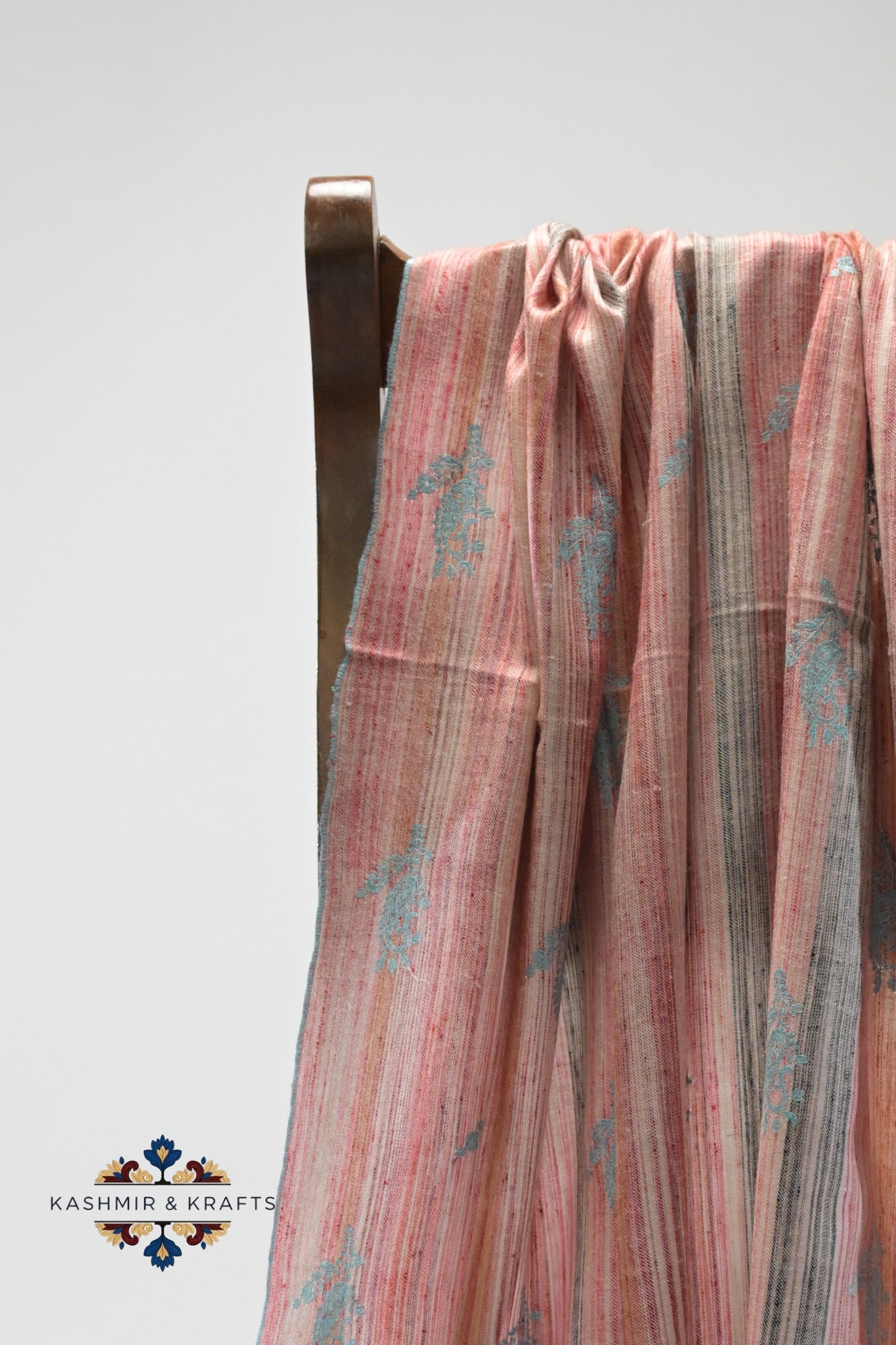 Roohi – Handwoven Fine Pashmina with Sky Blue Sozni on Rose Blush Stripes